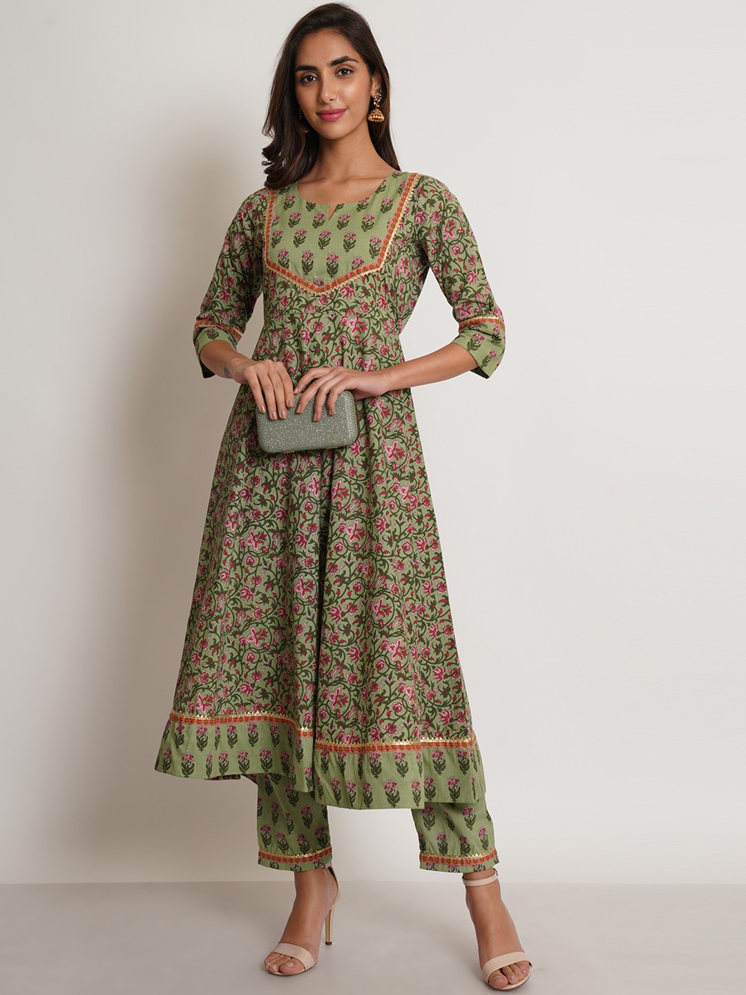 

KALINI Floral Printed Gotta Patti Pure Cotton Kurta with Trousers, Green