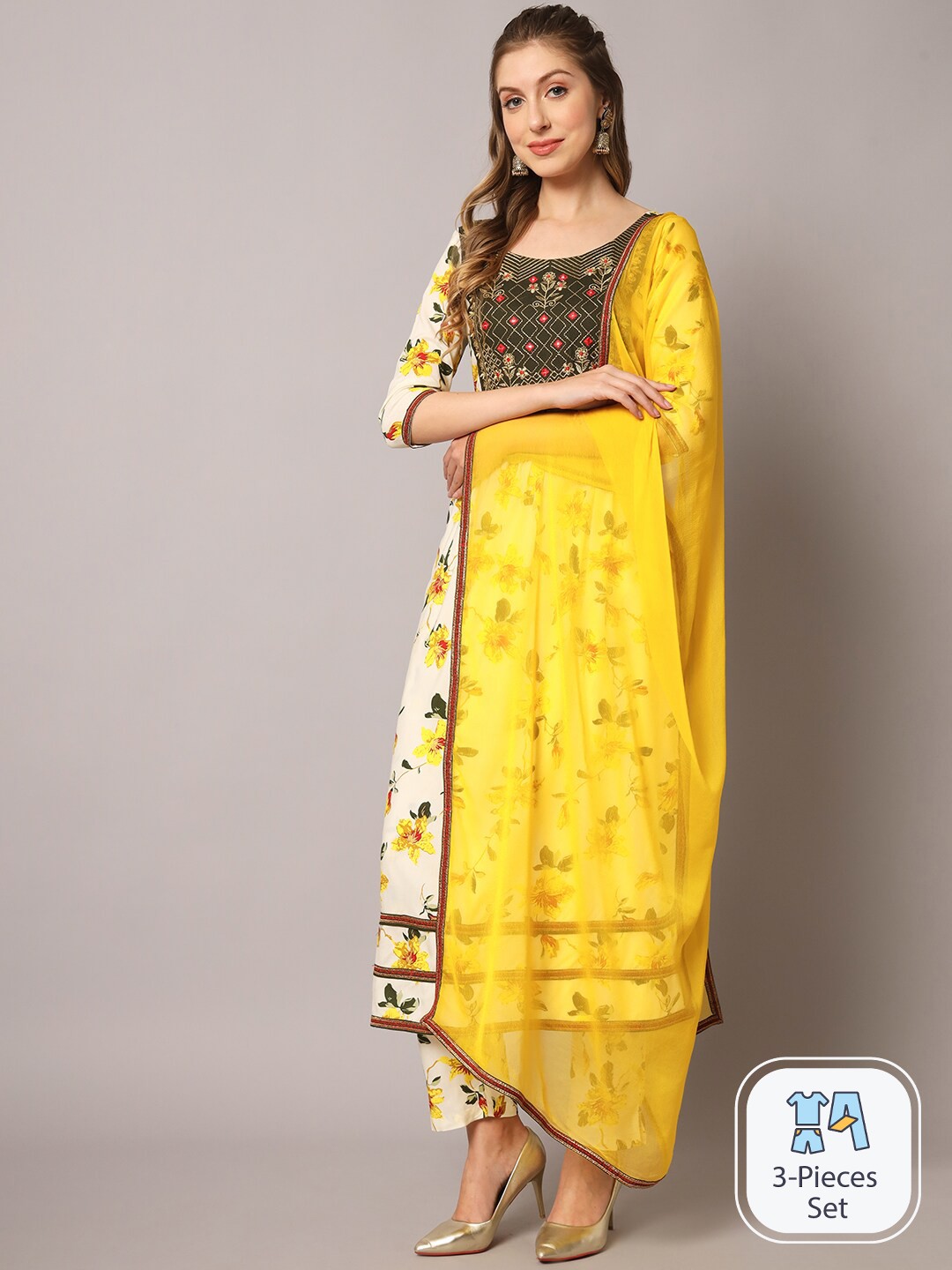 

KALINI Floral Printed Pleated Thread Work Kurta with Trousers & With Dupatta, Cream
