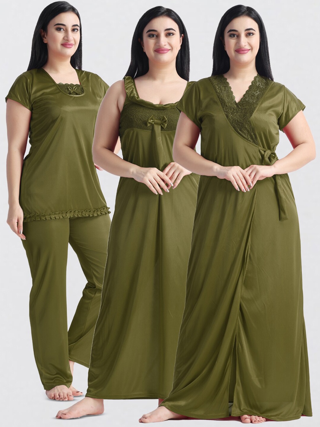 

NIGHT KEYS Pack Of 4 Satin Maxi Sweat Nightdress, Green