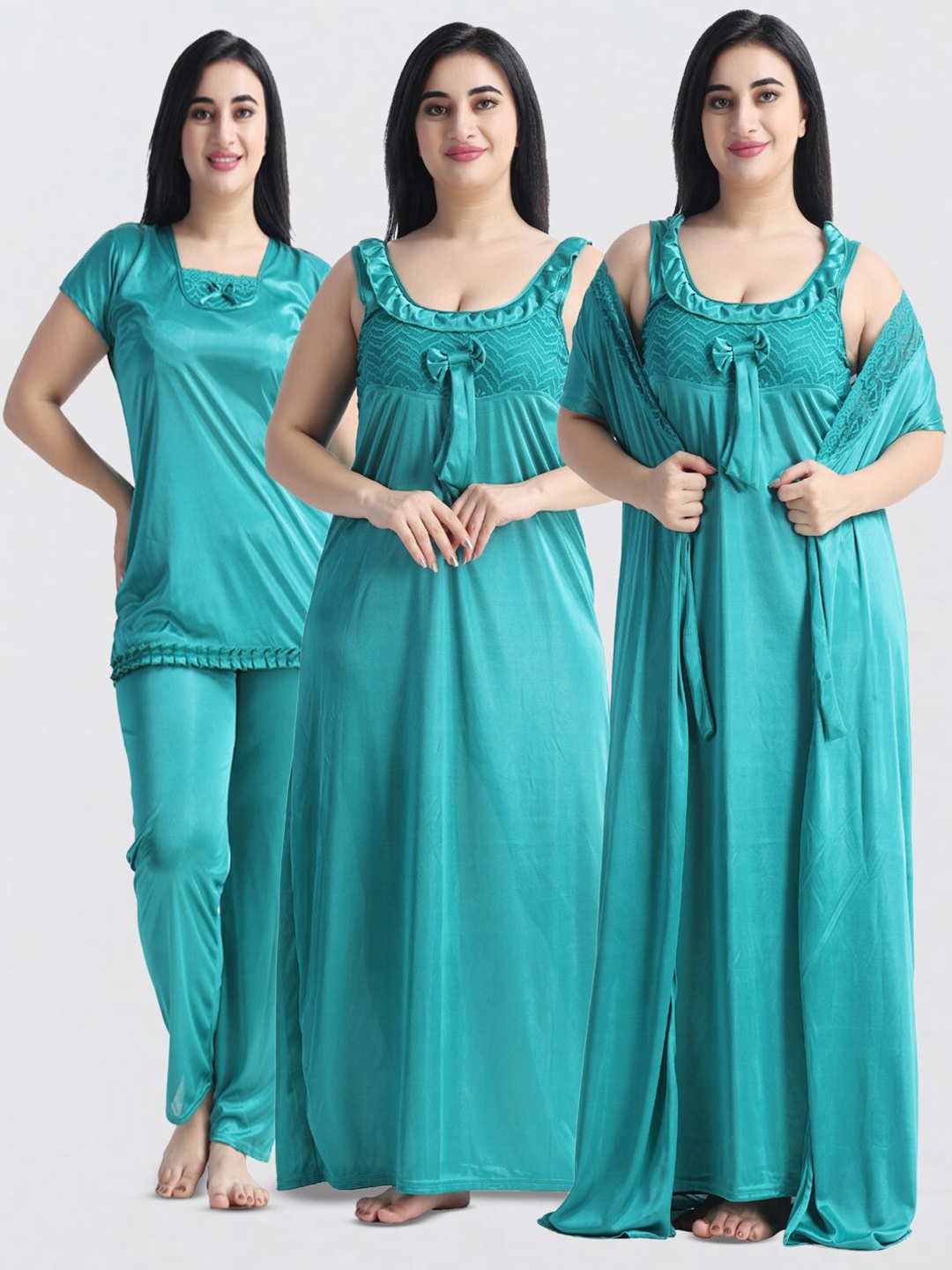 

NIGHT KEYS Pack Of 4 Satin Sweat Nightdress, Turquoise blue