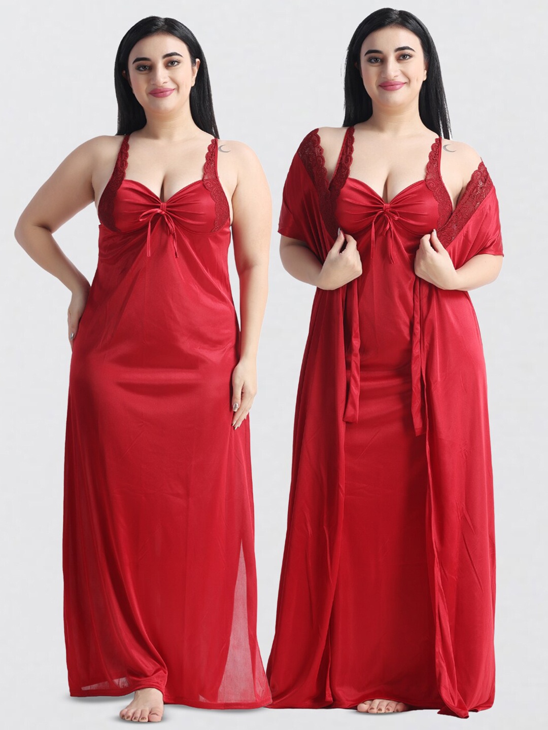 

NIGHT KEYS Satin Maxi Nightdress With Robe, Maroon