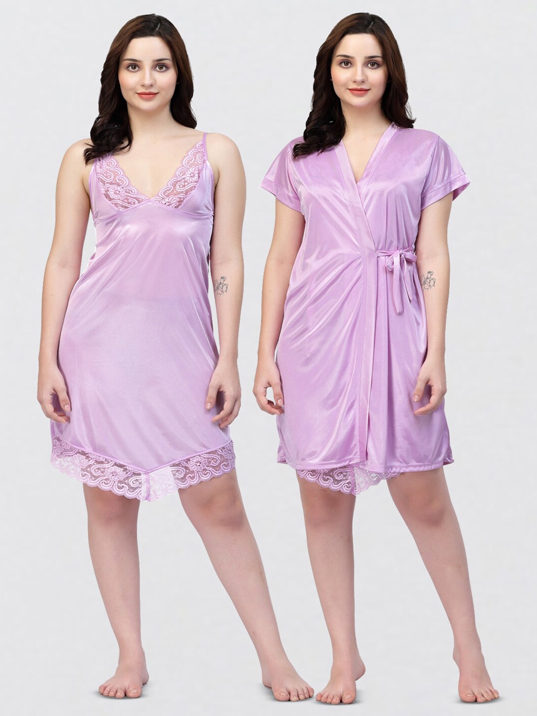

NIGHT KEYS Pack of 2 Satin Nightdress with Robe, Lavender