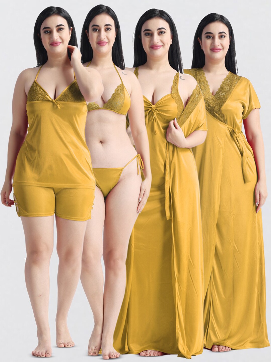 

NIGHT KEYS Pack Of 6 Satin Nightdress Set, Yellow