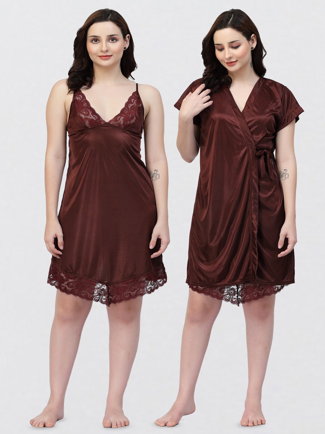 

NIGHT KEYS Pack Of 2 Satin Maxi Sweat Nightdress, Brown