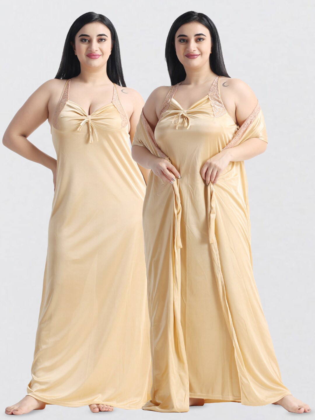 

NIGHT KEYS Pack of 2 Satin Nightdress with Robe, Gold