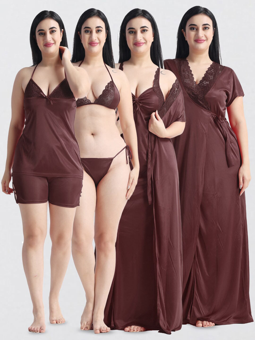 

NIGHT KEYS Pack Of 6 Satin Maxi Nightdress, Brown