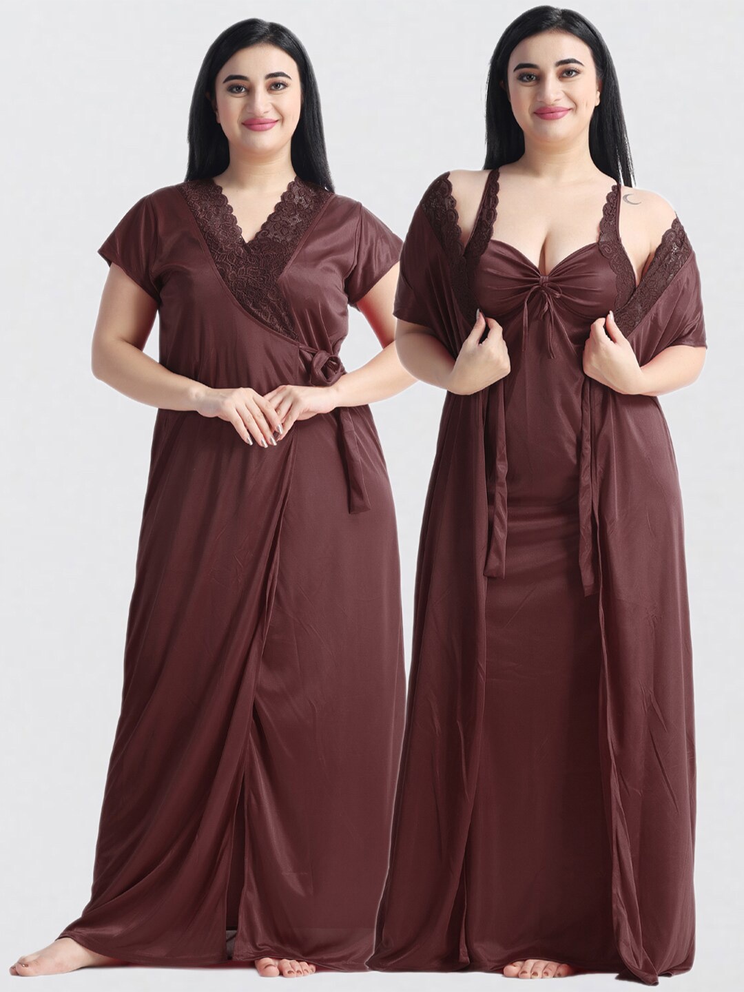 

NIGHT KEYS Pack Of 2 Satin Sweat Nightdress, Brown