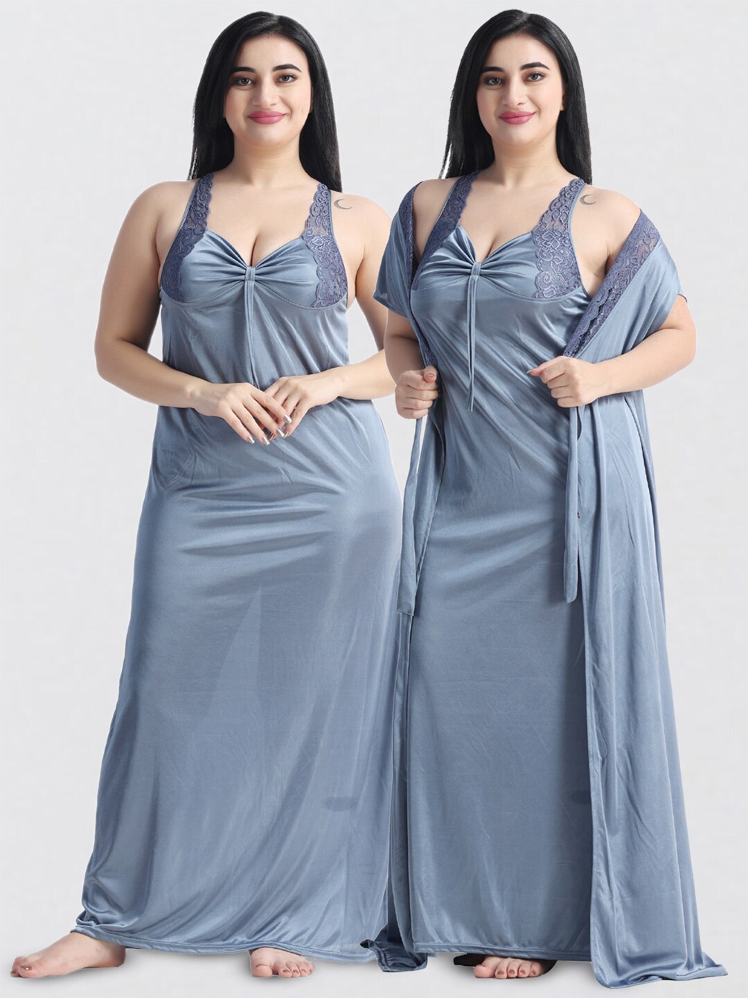 

NIGHT KEYS Pack Of 2 Satin Sweat Nightdress, Grey