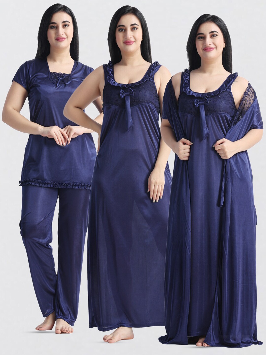 

NIGHT KEYS Pack Of 4 Satin Sweat Nightdress, Navy blue