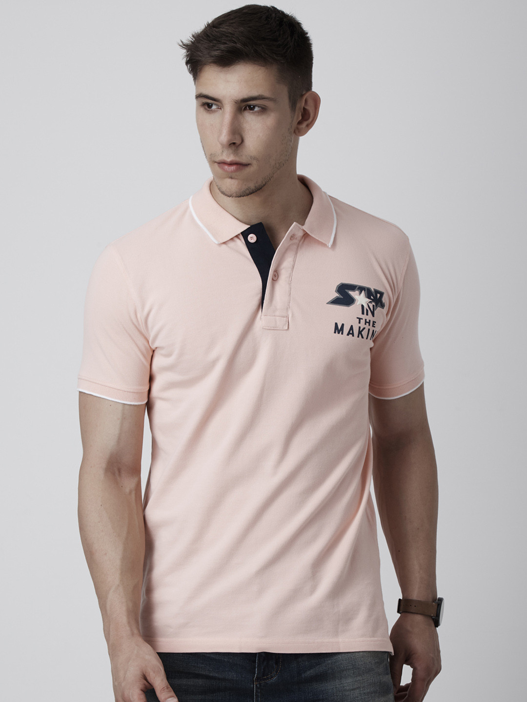 

FIDO DIDO Men Pink Solid Polo Collar Slim Fit T-shirt