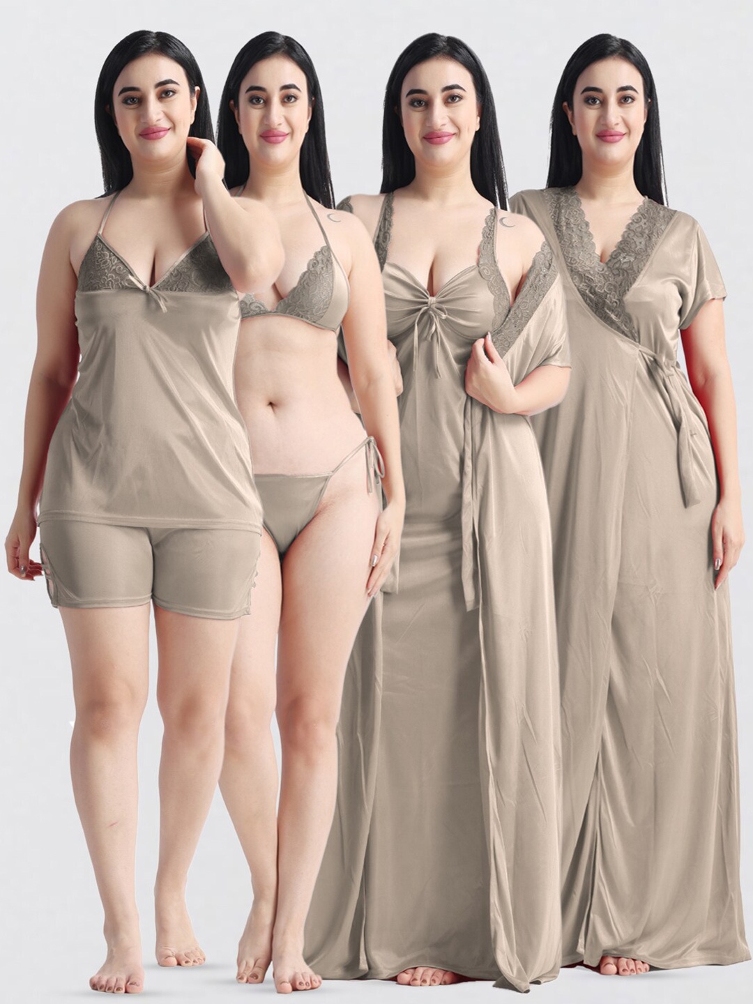 

NIGHT KEYS Pack Of 4 Satin Maxi Nightdress, Beige