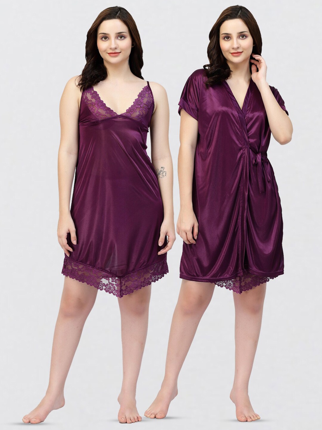 

NIGHT KEYS Pack Of 2 Satin Sweat Nightdress, Purple