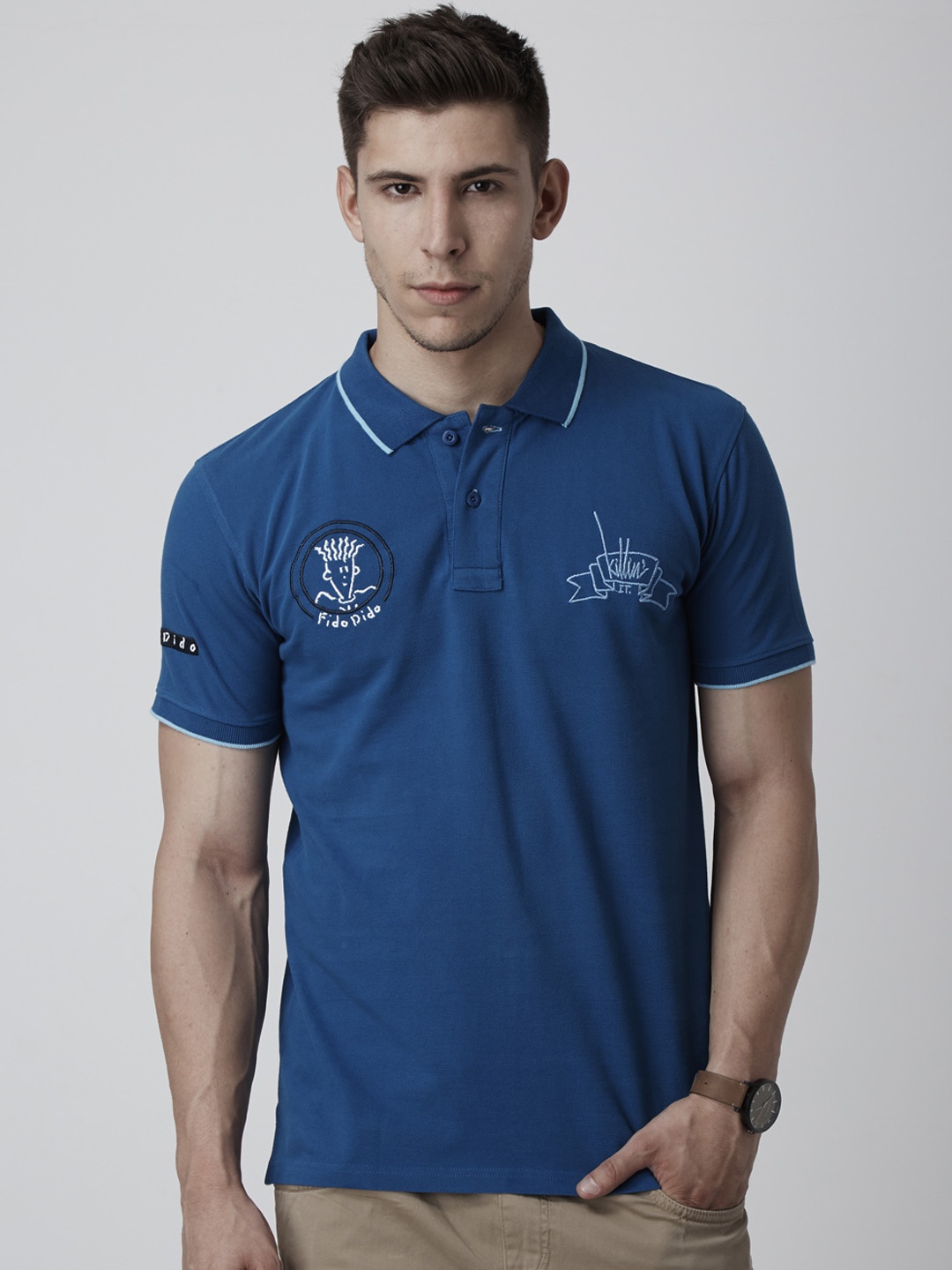 

FIDO DIDO Men Blue Solid Polo Collar Slim Fit T-shirt