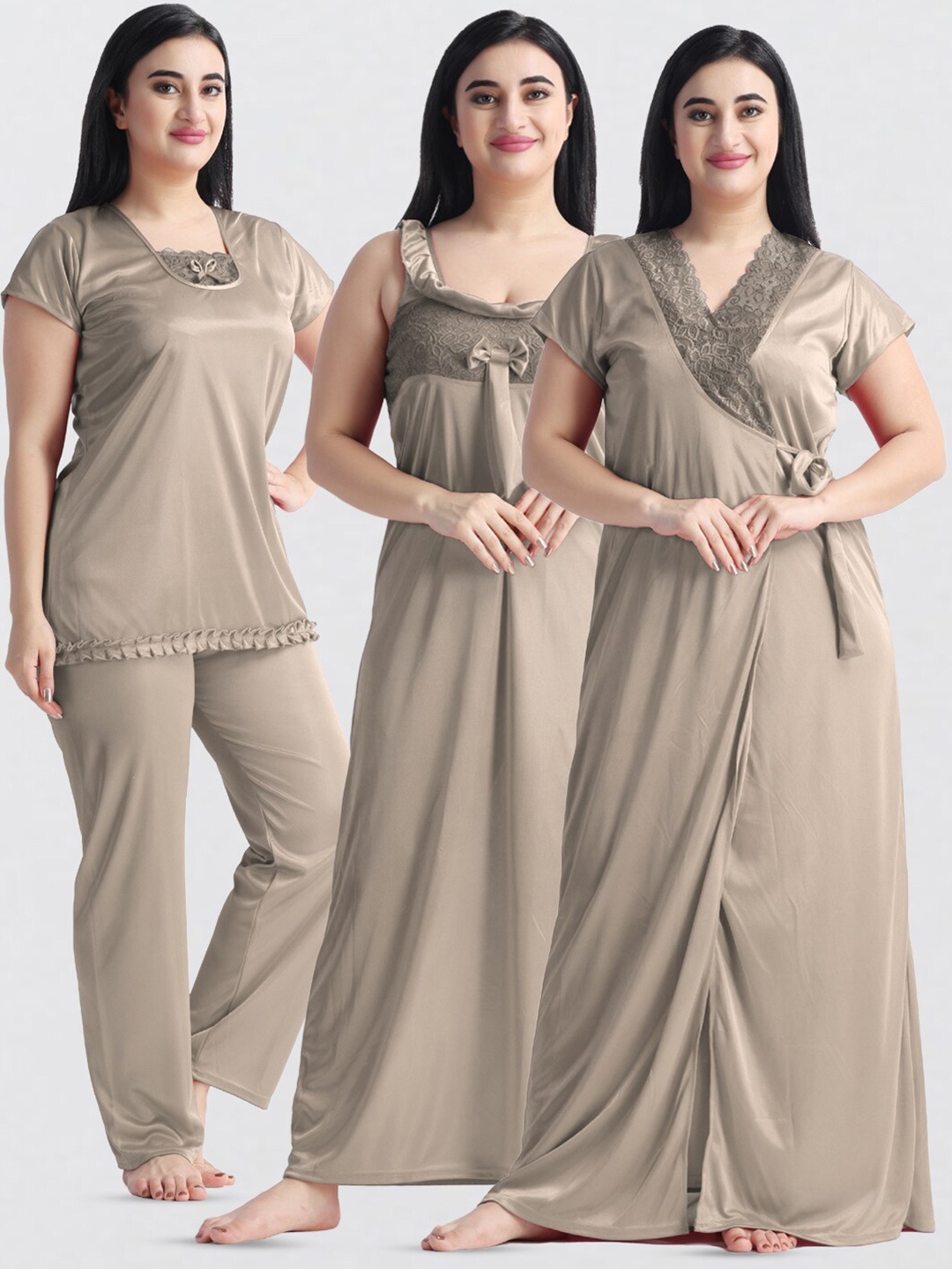 

NIGHT KEYS Pack Of 3 Satin Maxi Nightdress, Beige