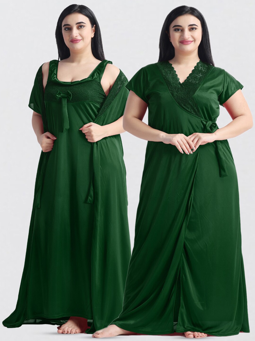 

NIGHT KEYS Satin Maxi Nightdress With Robe, Green