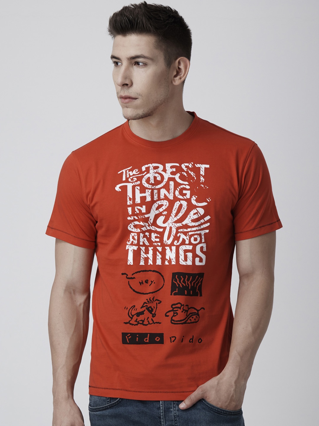 

FIDO DIDO Men Red Printed Round Neck Slim Fit T-shirt