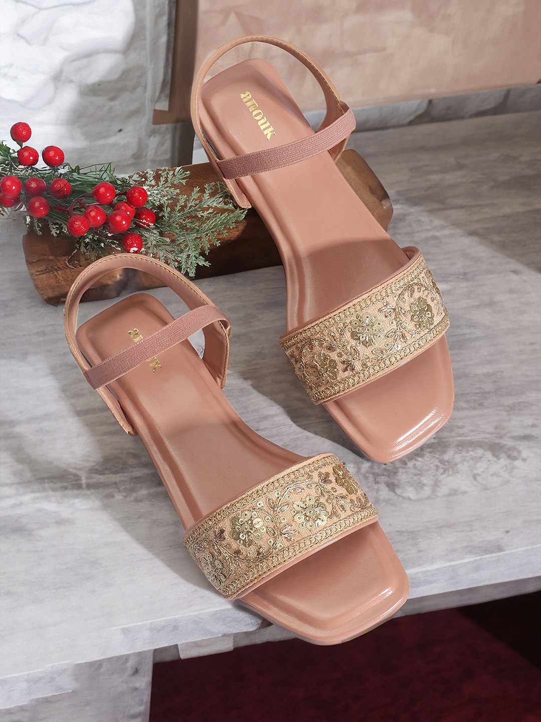 

Anouk Pink & Gold-Toned Embroidered Open Toe Flats