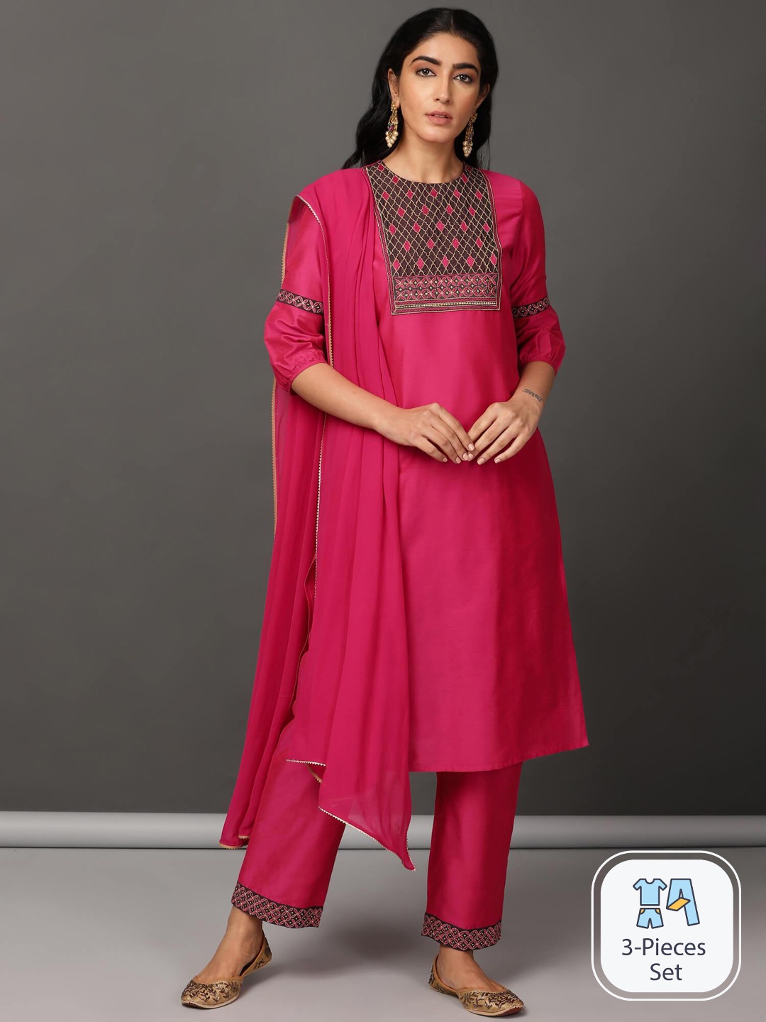 

NUHH Ethnic Motifs Yoke Design Regular Kurta with Trousers & With Dupatta, Fuchsia
