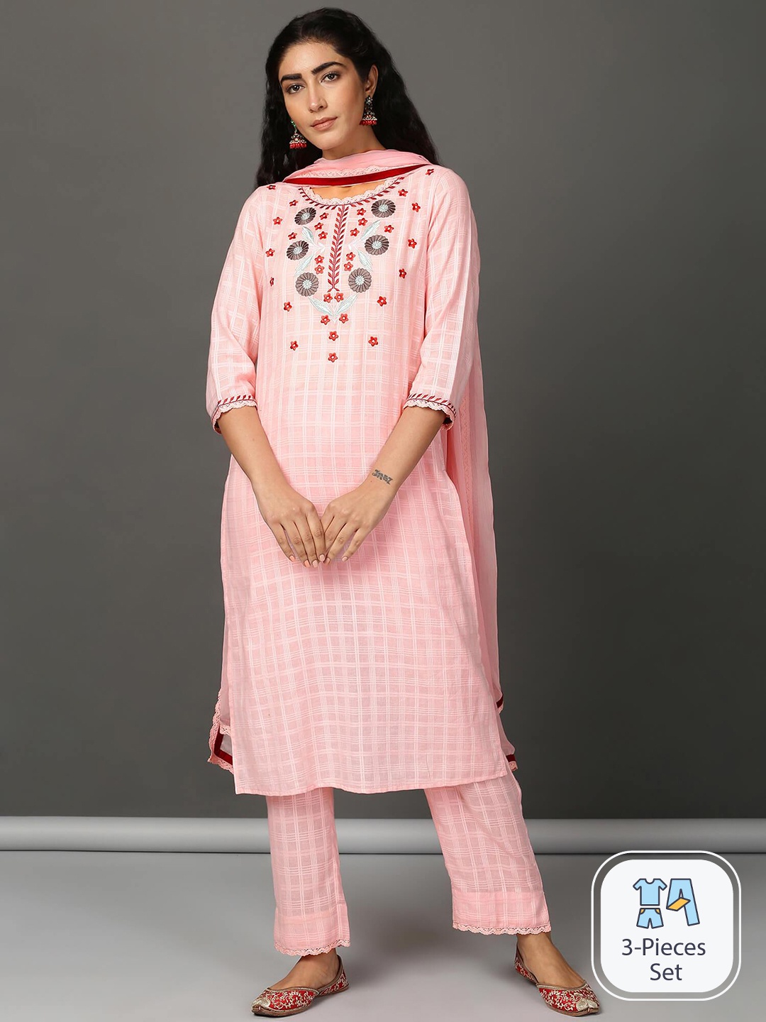 

NUHH Checked Woven Design Thread Work Pure Cotton Straight Kurta & Trousers With Dupatta, Pink