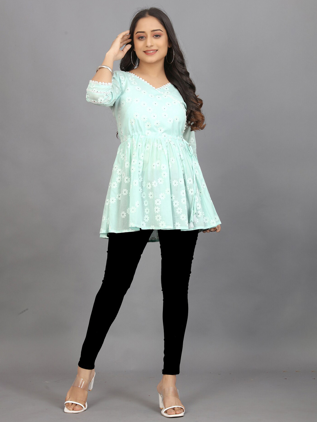 

Pari THE FASHION STUDIO Floral Printed Tie Ups Cotton Tunic, Blue