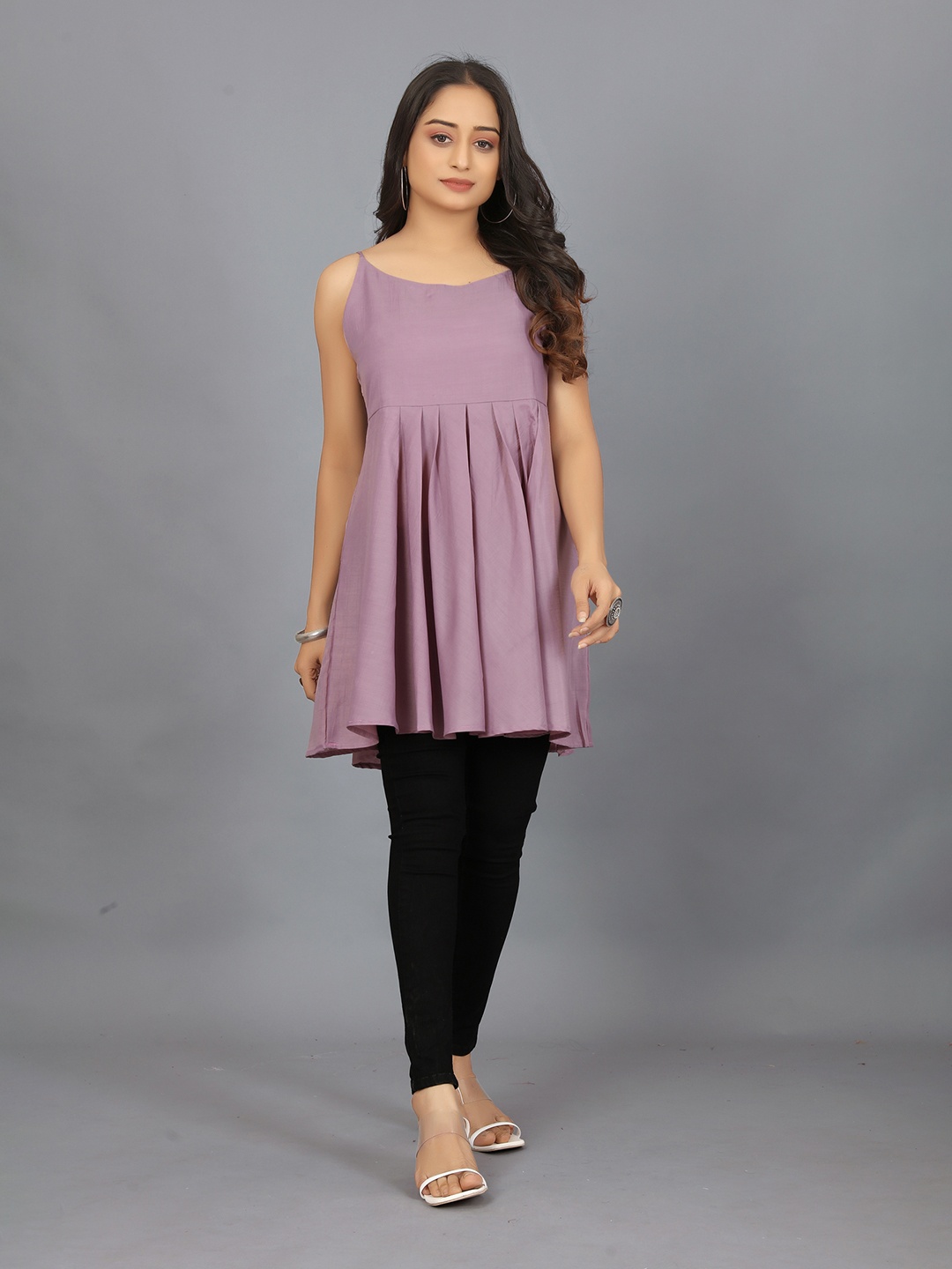 

Pari THE FASHION STUDIO Shoulder Straps Pleated Detail A-Line Top, Purple