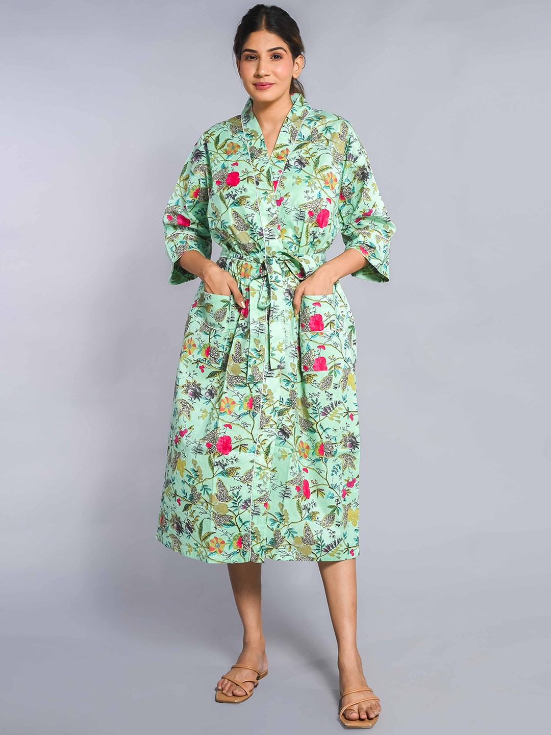 

SHOOLIN Printed Pure Cotton Bath Robe, Green
