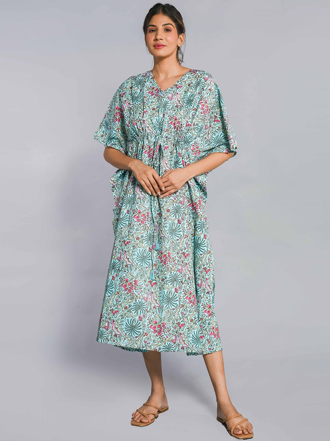 

SHOOLIN Floral Printed Midi Pure Cotton Kaftan Nightdress, Blue