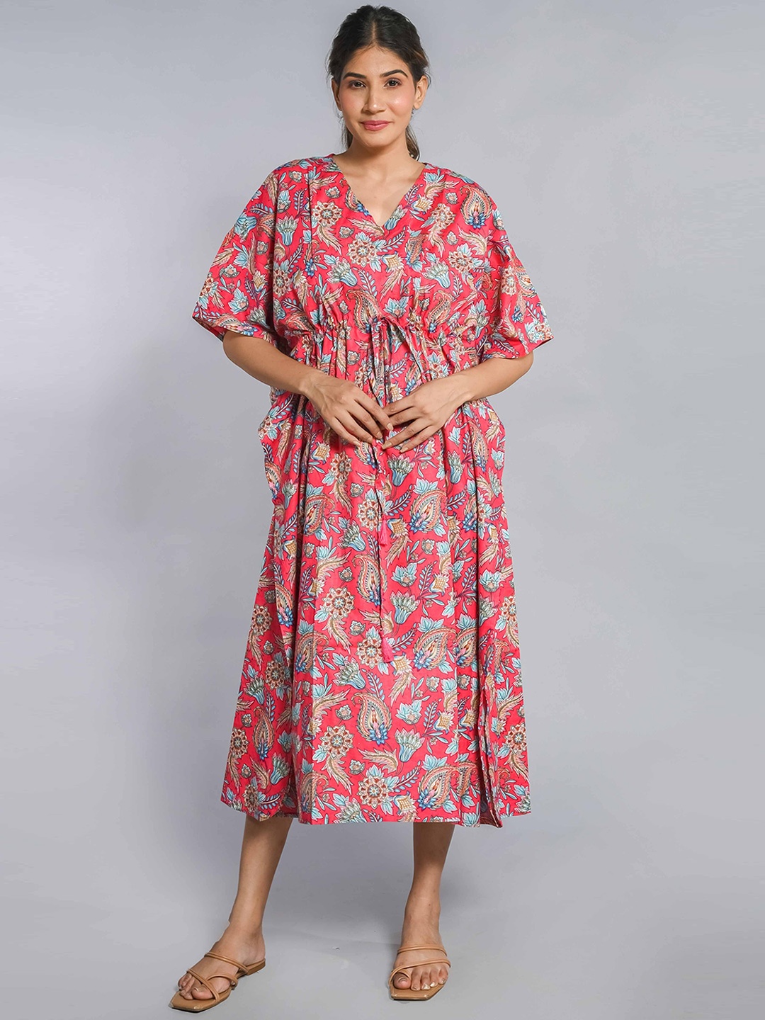 

SHOOLIN Floral Printed Midi Pure Cotton Kaftan Nightdress, Red