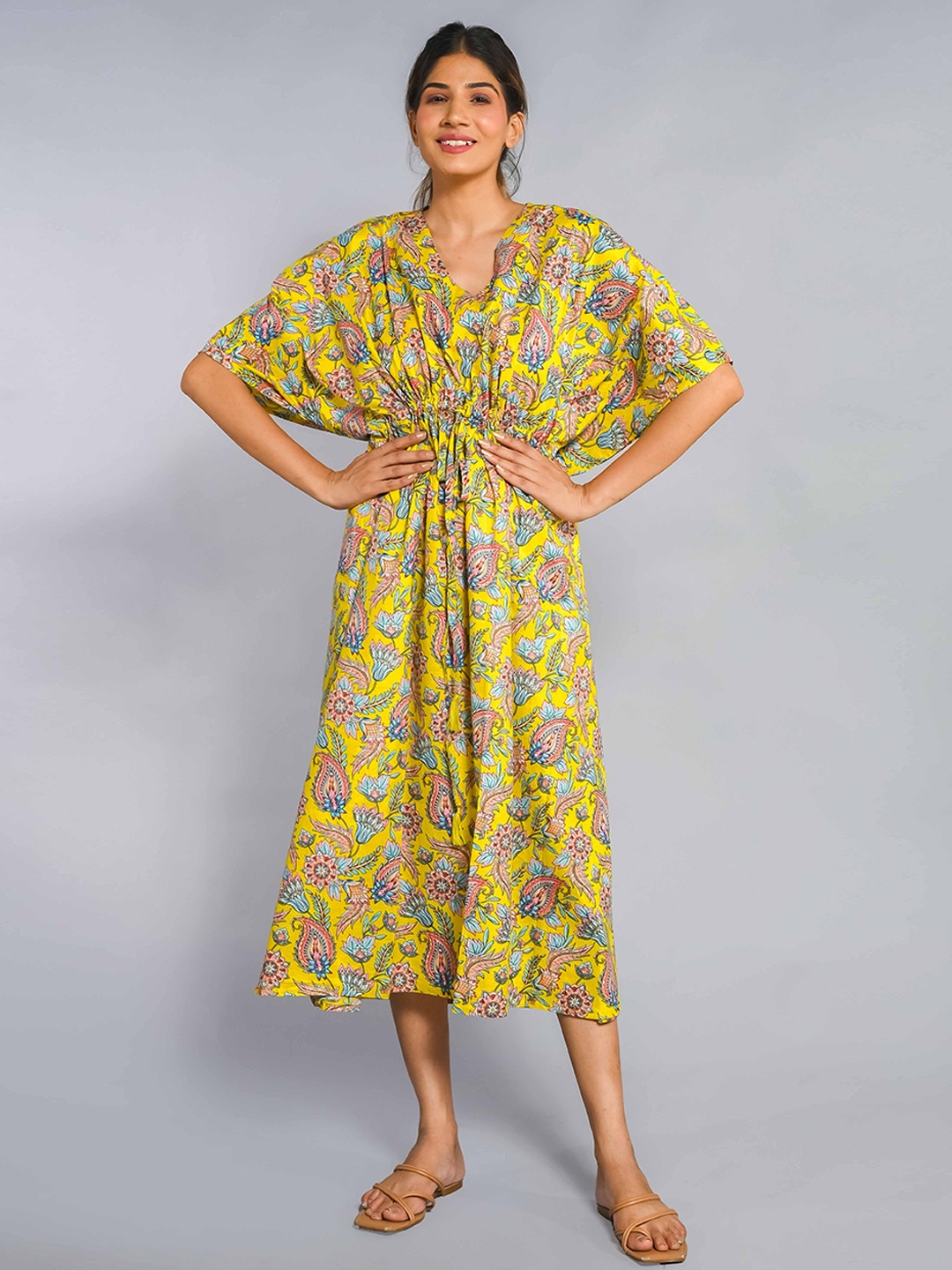 

SHOOLIN Floral Printed Midi Pure Cotton Kaftan Nightdress, Yellow
