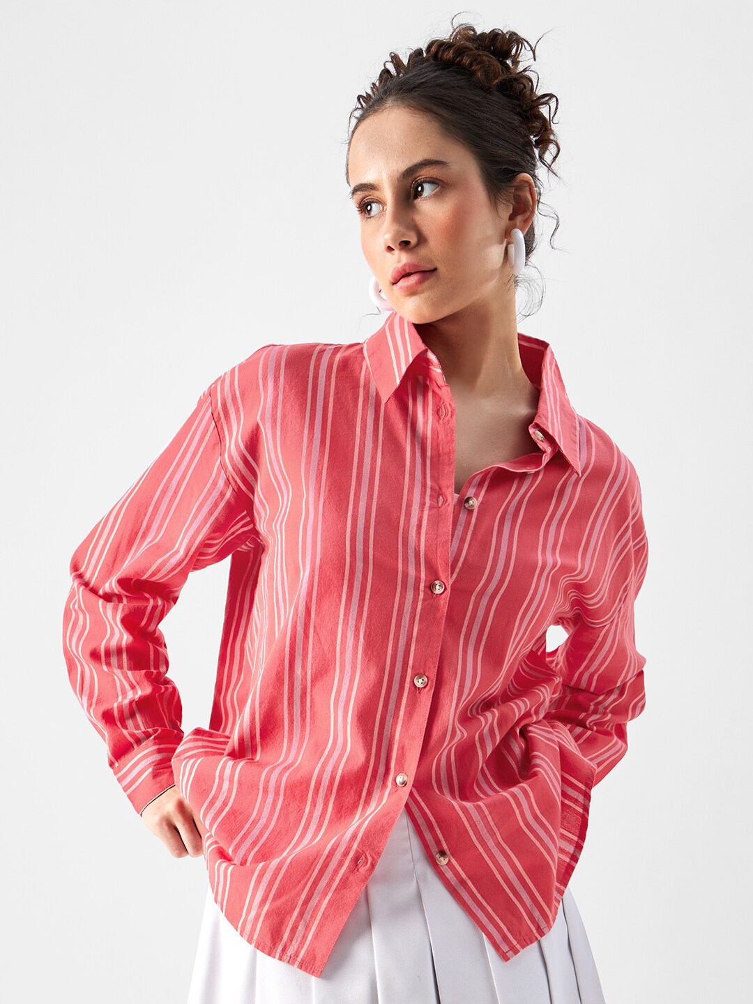 

The Souled Store Relaxed Oversized Striped Pure Cotton Casual Shirt, Coral