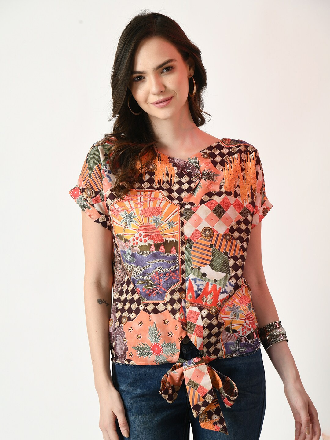 

Myshka Abstract Print Extended Sleeves Waist Tie-Ups Detailed Regular Top, Orange