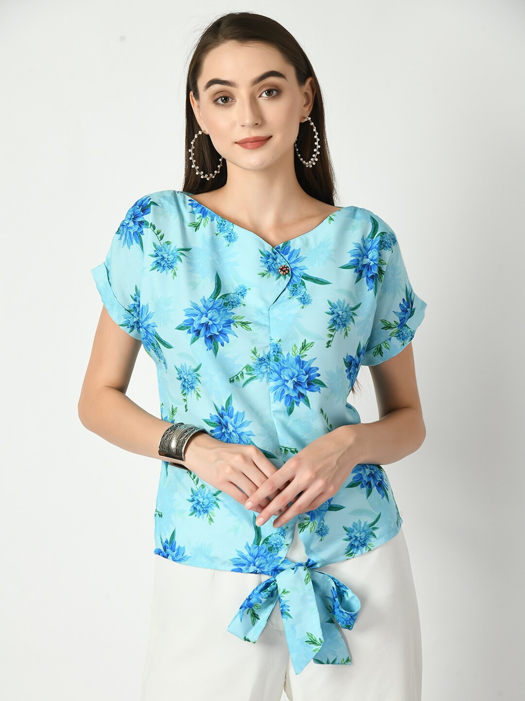 

Myshka Floral Print Extended Sleeves Waist Tie-Ups Detailed Regular Top, Blue