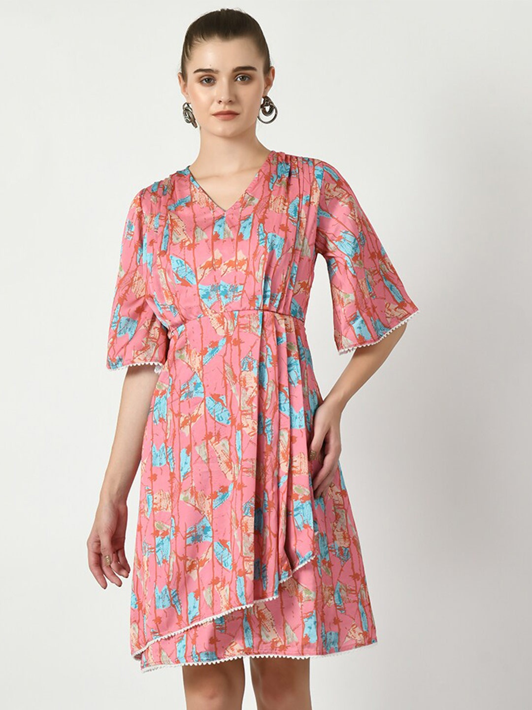 

Myshka Pink Abstract Printed Flared Sleeves Satin Fit & Flare Dress