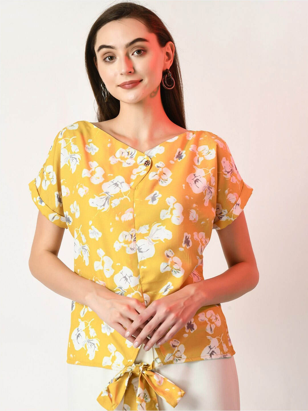 

Myshka Floral Printed V-Neck Extended Sleeves Top, Yellow