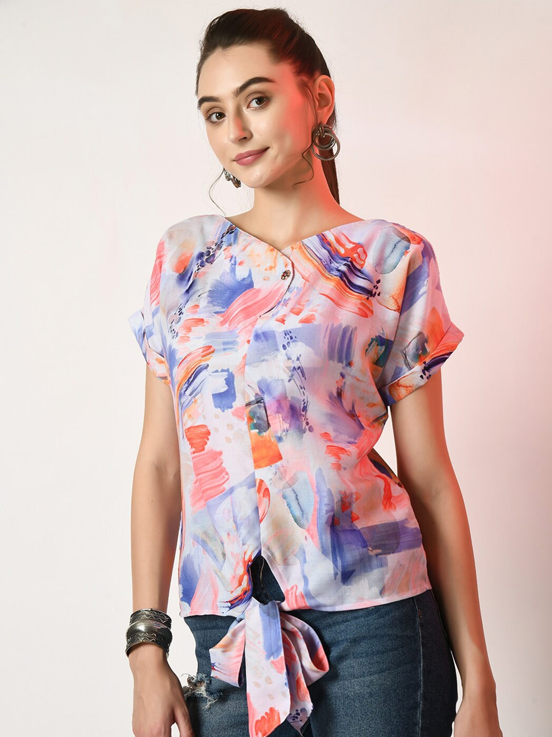 

Myshka Abstract Printed V-Neck Extended Sleeves Top, White