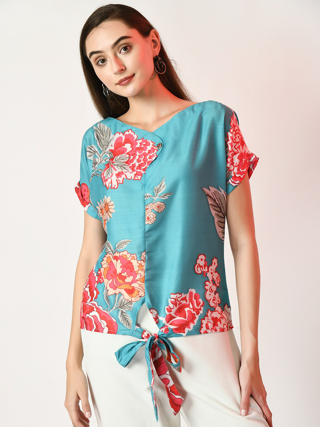 

Myshka Floral Print Extended Sleeves Waist Tie-Ups Detailed Regular Top, Sea green