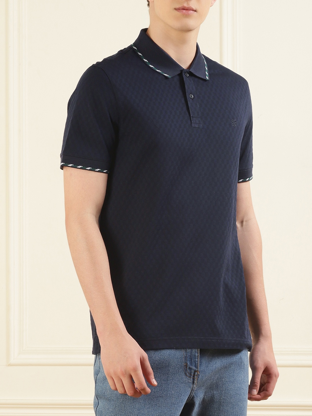 

Ted Baker Self Design Jacquard Polo Collar Cotton T-shirt, Navy blue