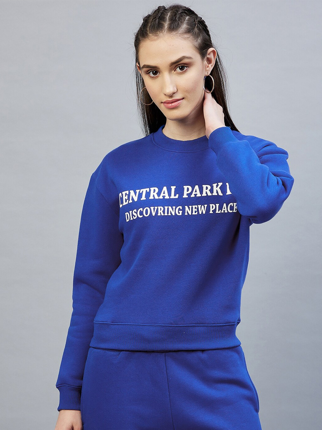 

DELAN Typography Printed Fleece Pullover Sweatshirt, Blue