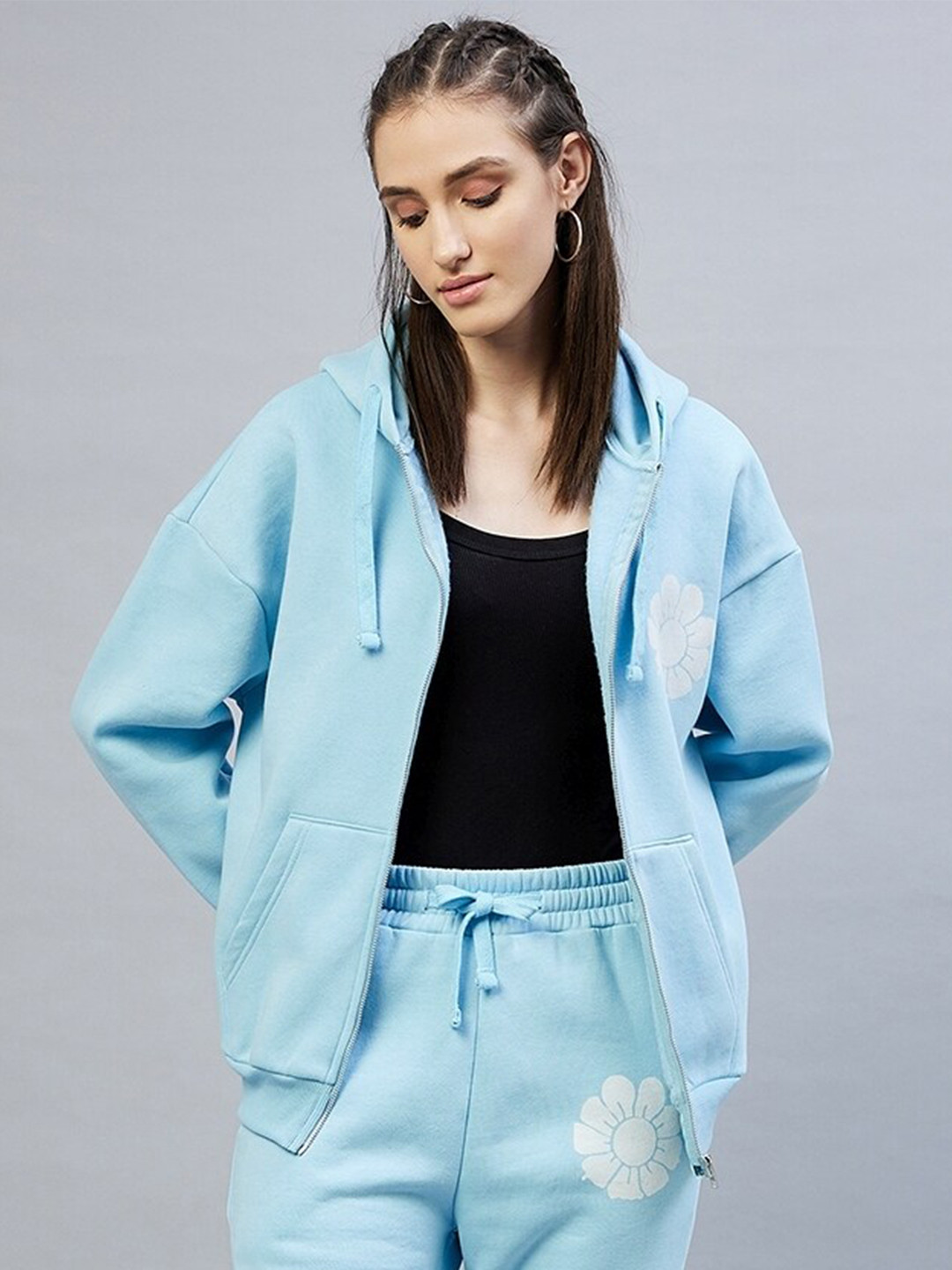 

DELAN Floral Printed Hooded Fleece Front-Open Sweatshirt, Blue