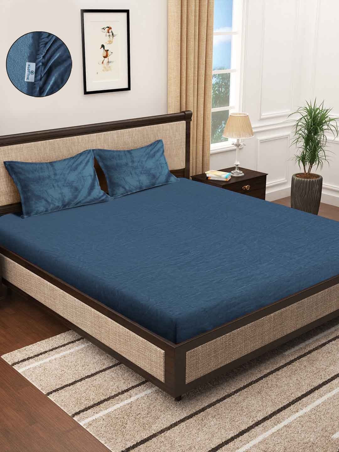 

KLOTTHE Turquoise Blue 300 TC Woolen Fitted King Bedsheet With 2 Pillow Covers