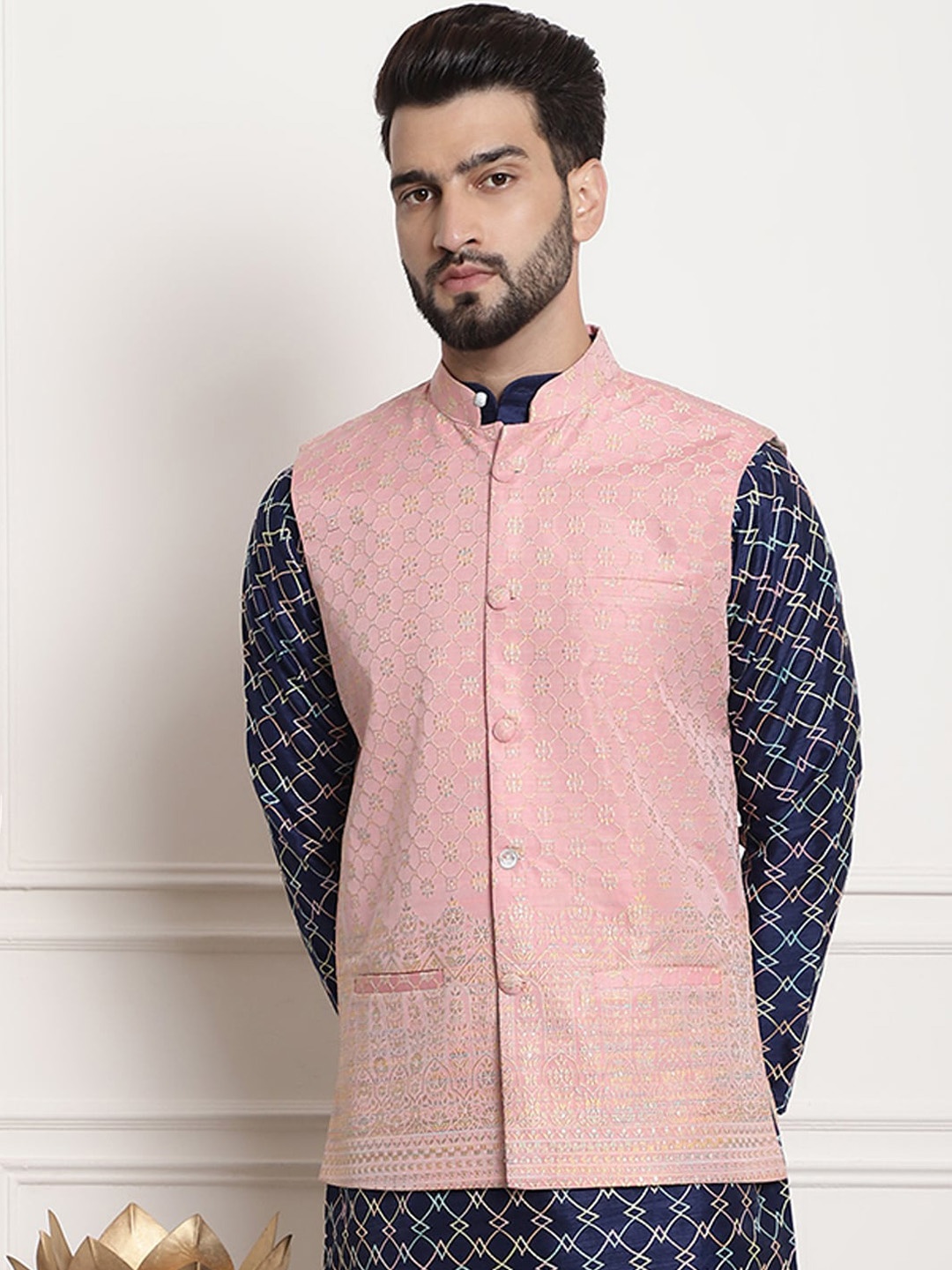 

SOJANYA Mandarin Collar Woven Design Jacquard Nehru Jackets, Pink