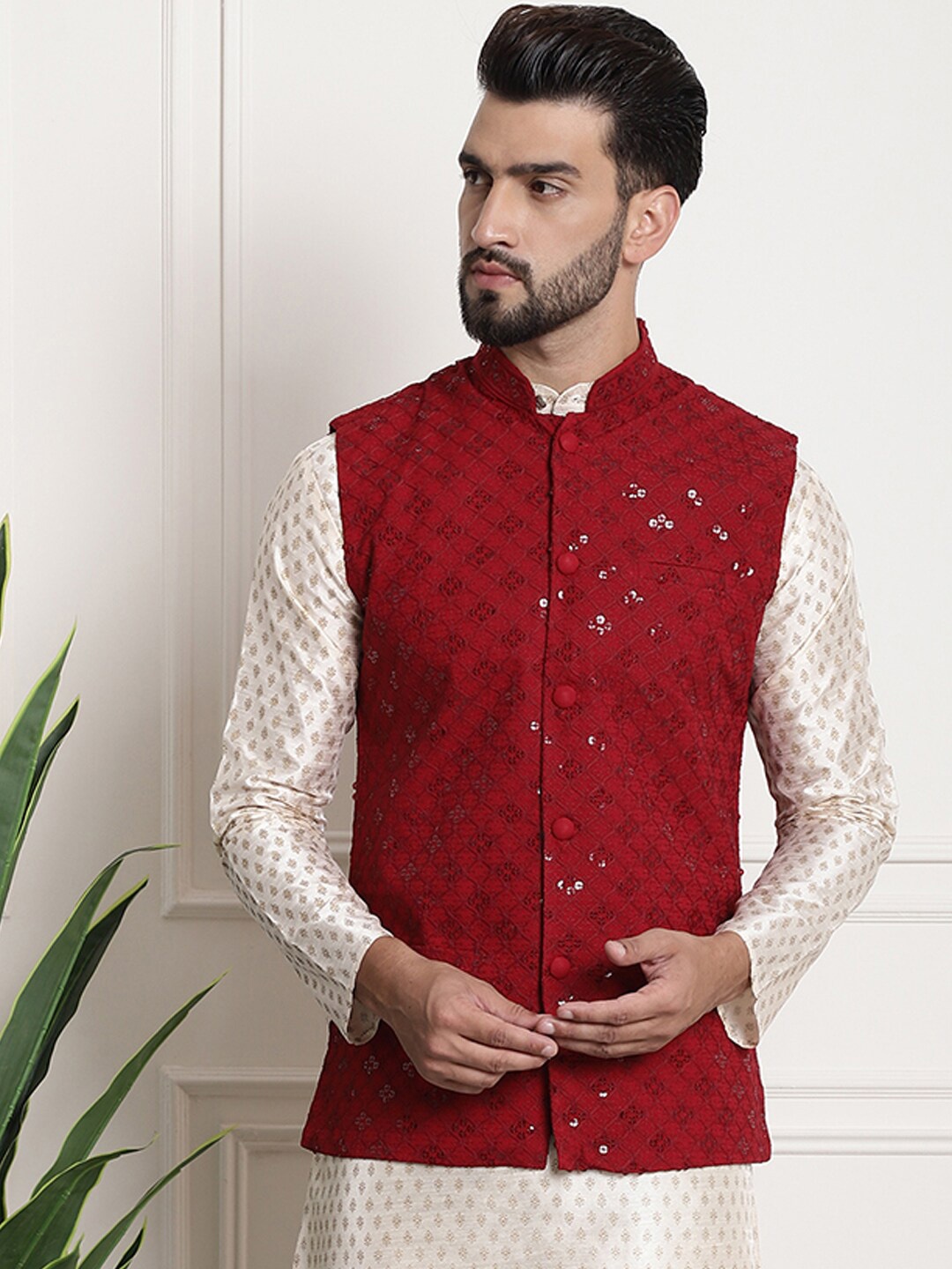 

SOJANYA Embellished Pure Cotton Nehru Jackets, Maroon