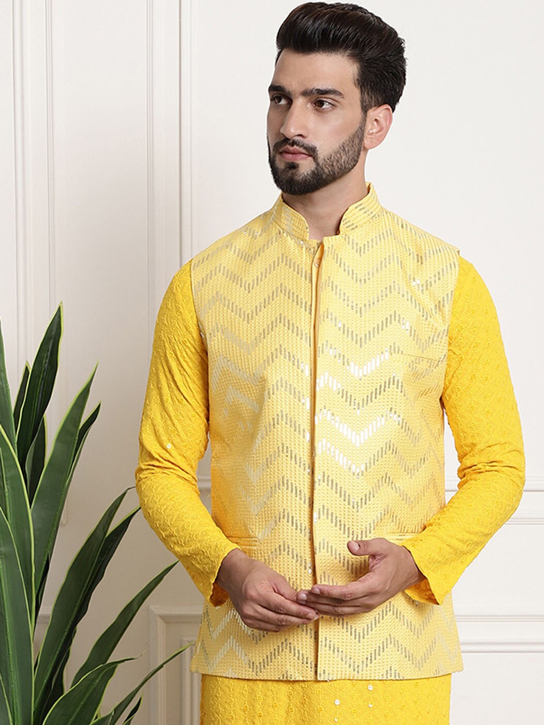 

SOJANYA Embellished Silk Nehru Jackets, Yellow