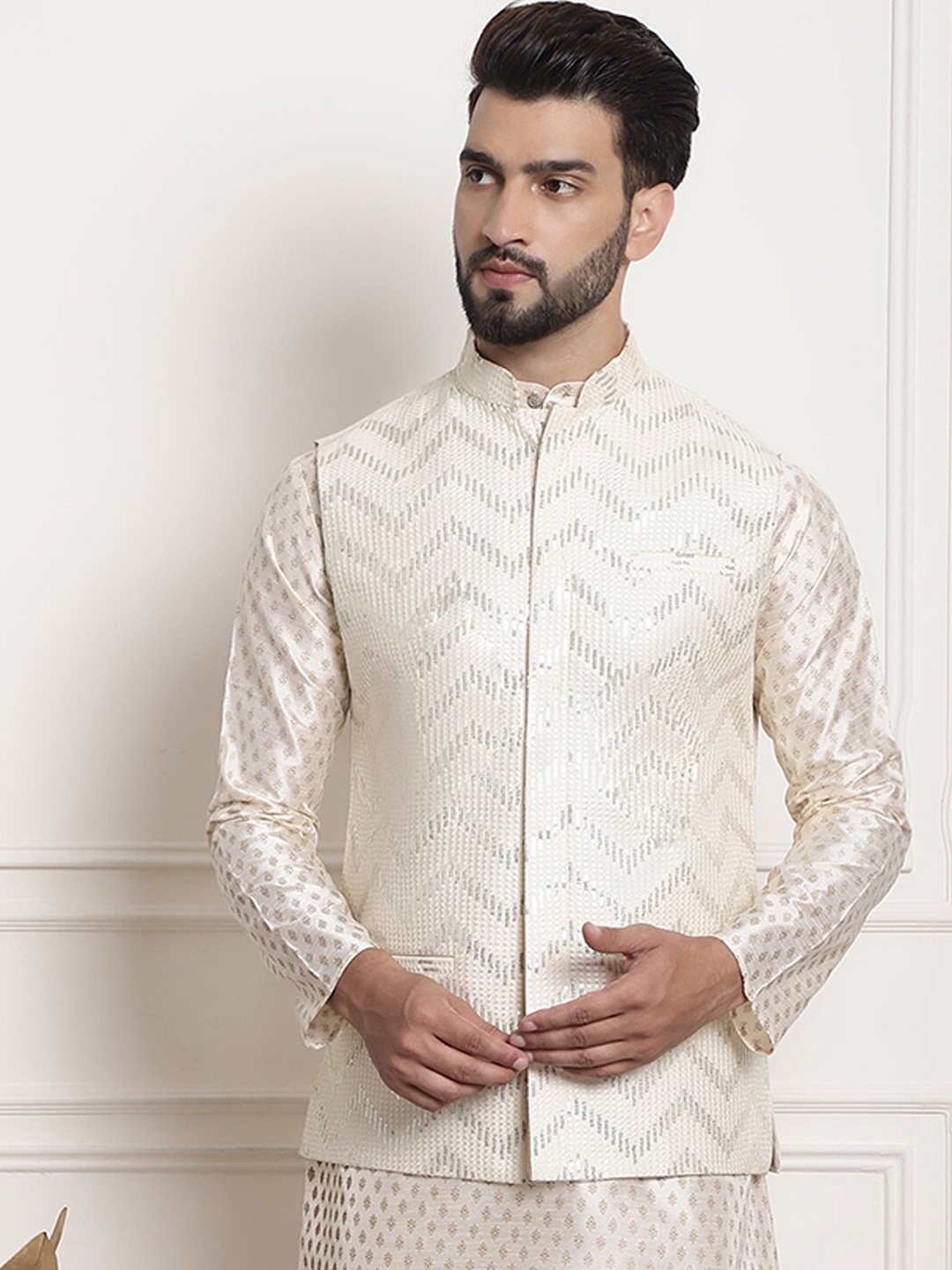 

SOJANYA Embellished Silk Nehru Jackets, Cream