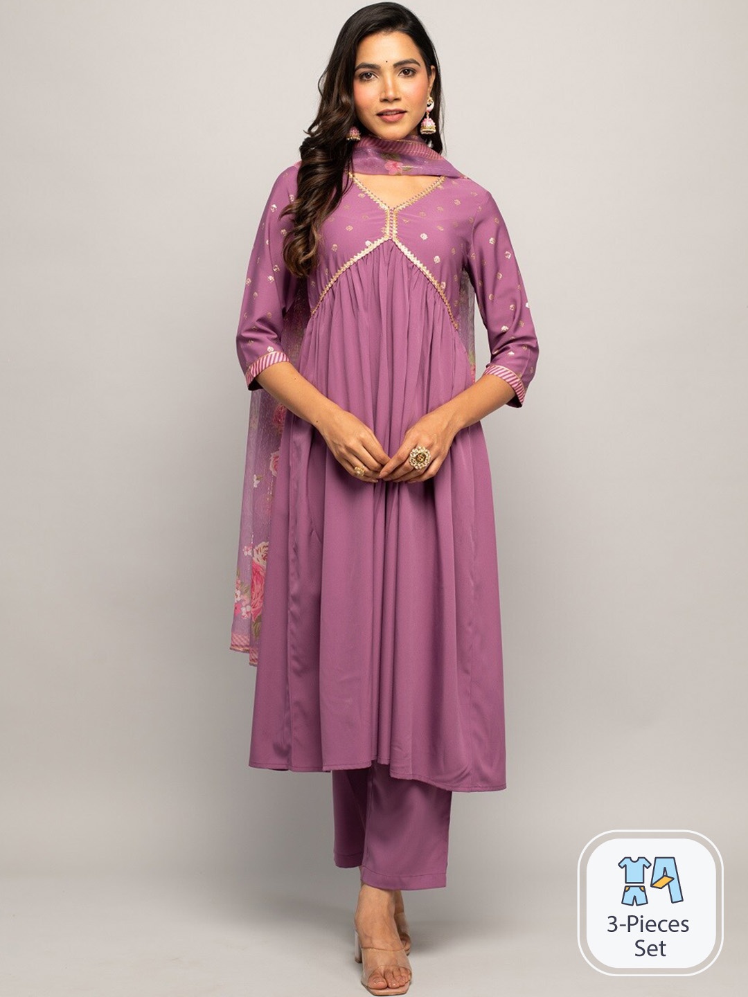 

FIORRA Floral Yoke Design Empire Gotta Patti Kurta & Trousers With Dupatta, Purple