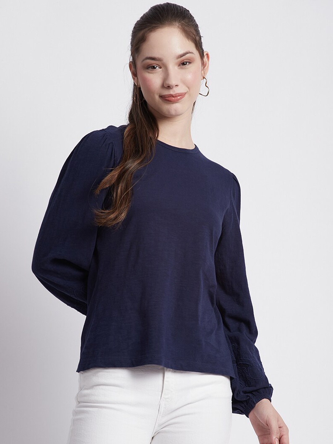 

Beverly Hills Polo Club Puff Sleeves Pure Cotton Top, Navy blue