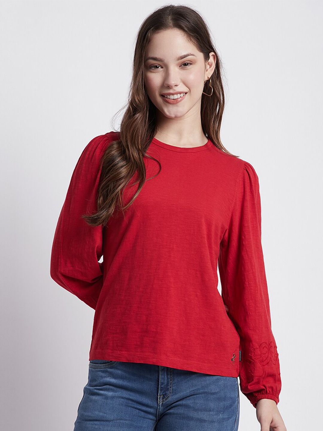 

Beverly Hills Polo Club Puff Sleeves Pure Cotton Top, Red
