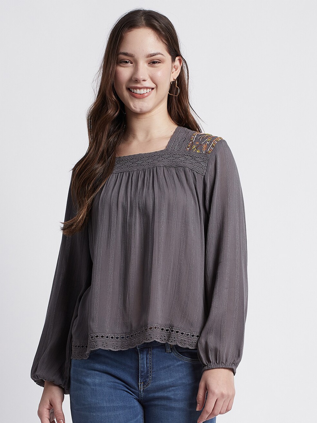 

Beverly Hills Polo Club Square Neck Embroidered Top, Grey