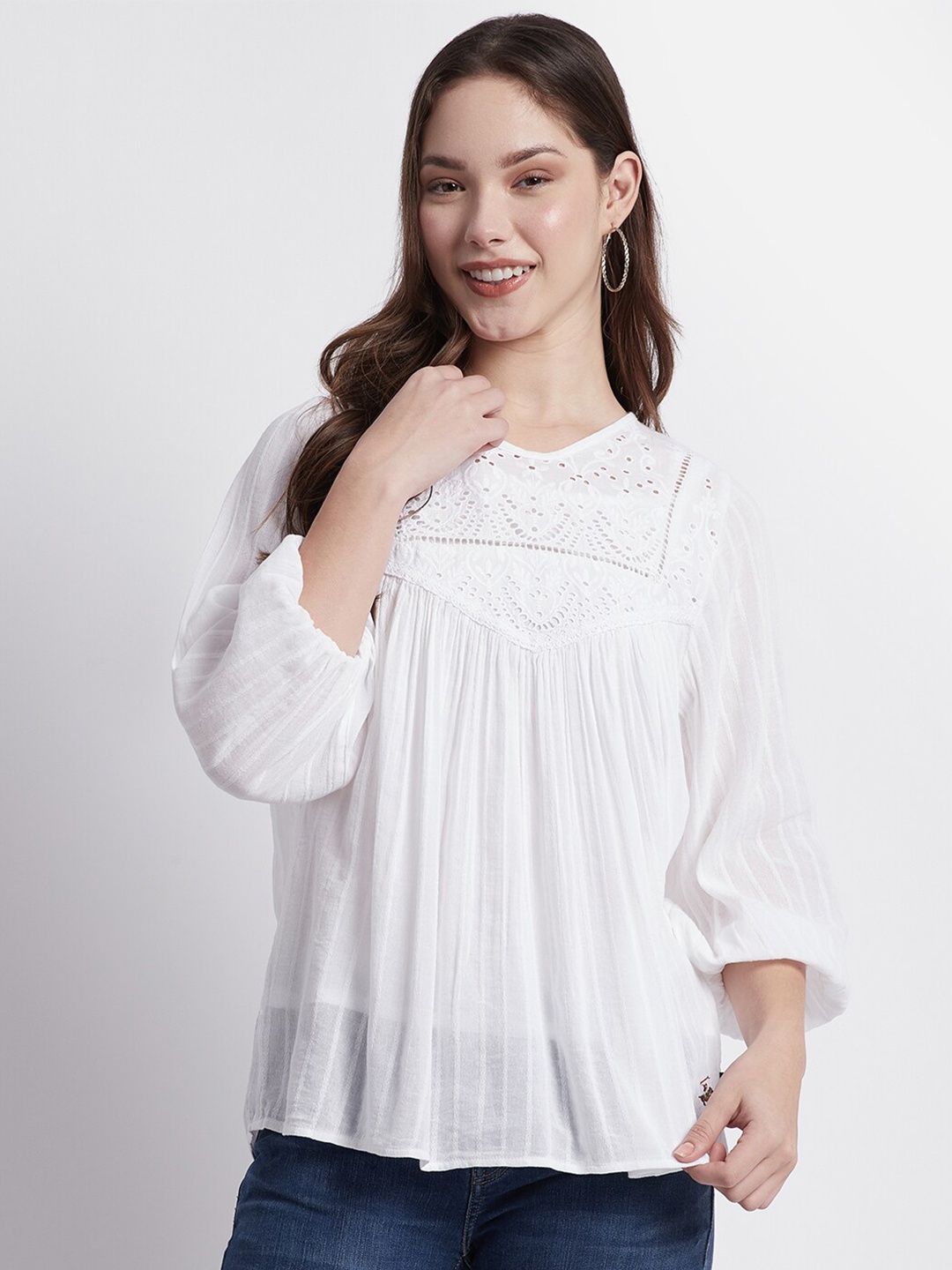 

Beverly Hills Polo Club Self Designed Puff Sleeves Top, White