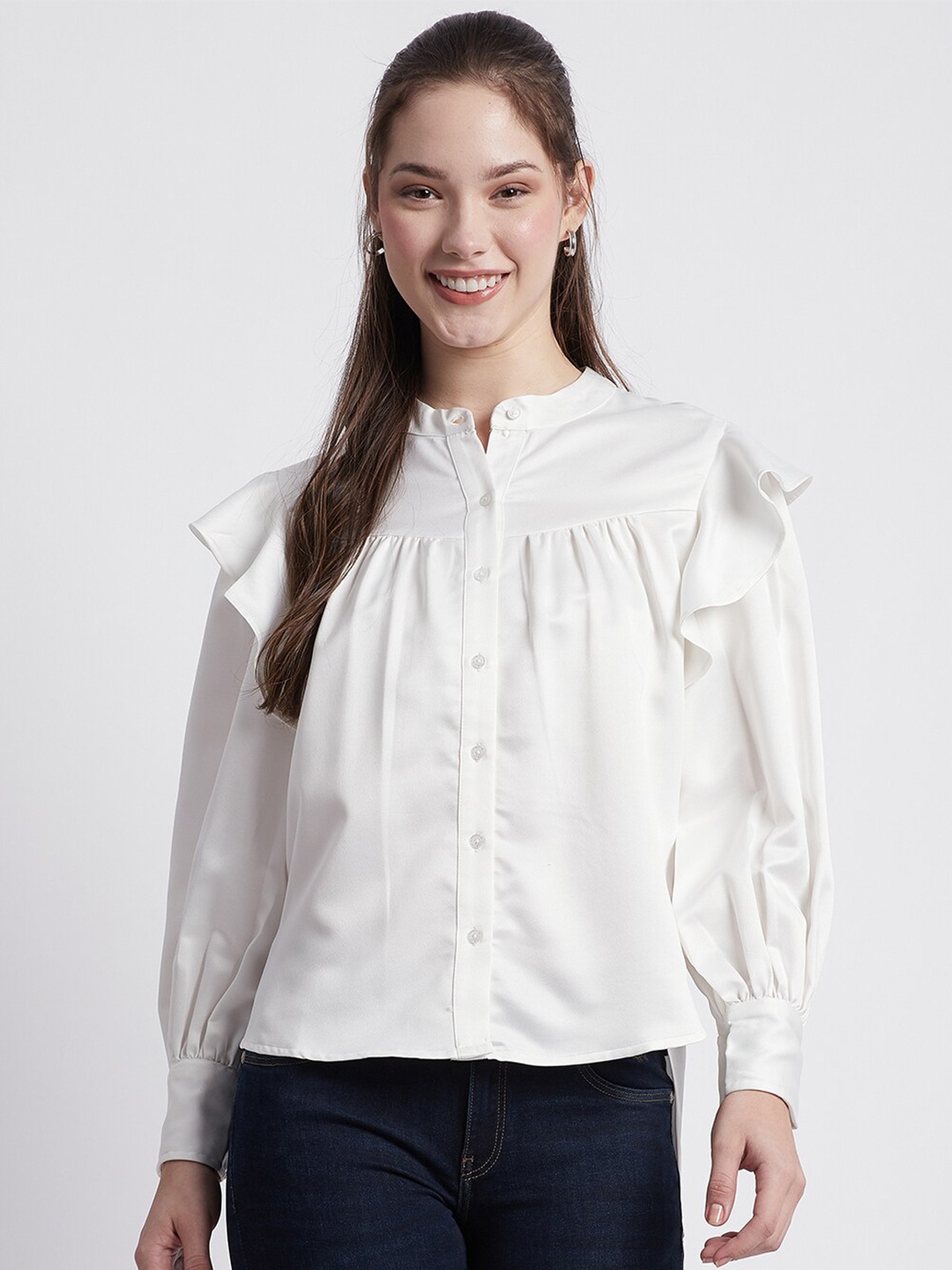 

Beverly Hills Polo Club Mandarin Collar Ruffle Shirt Style Top, White